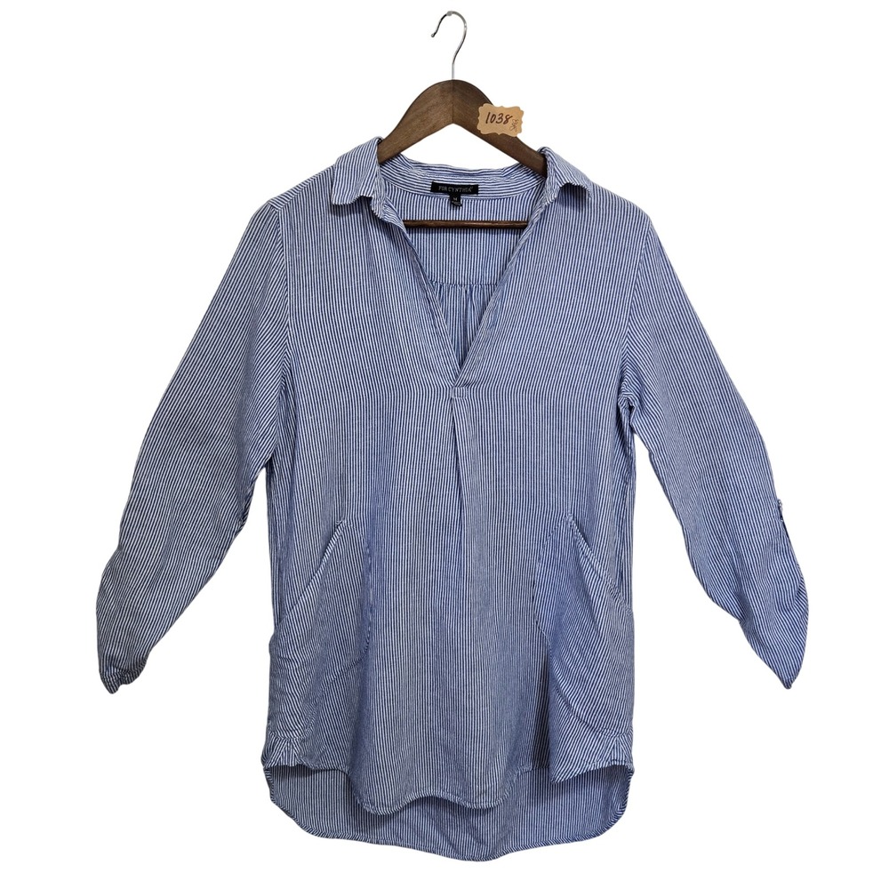 For Cynthia‎ Women Blue White Striped Linen Cotton Tunic Top Split Neck Medium